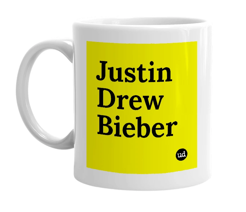 White mug with 'Justin Drew Bieber' in bold black letters