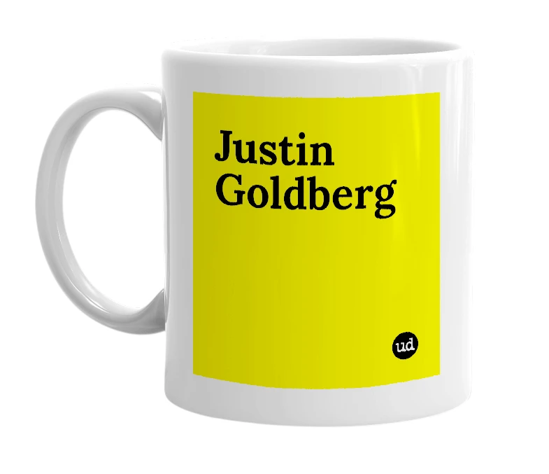 White mug with 'Justin Goldberg' in bold black letters