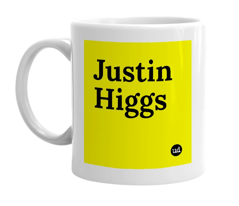 White mug with 'Justin Higgs' in bold black letters