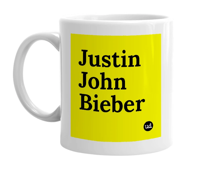 White mug with 'Justin John Bieber' in bold black letters
