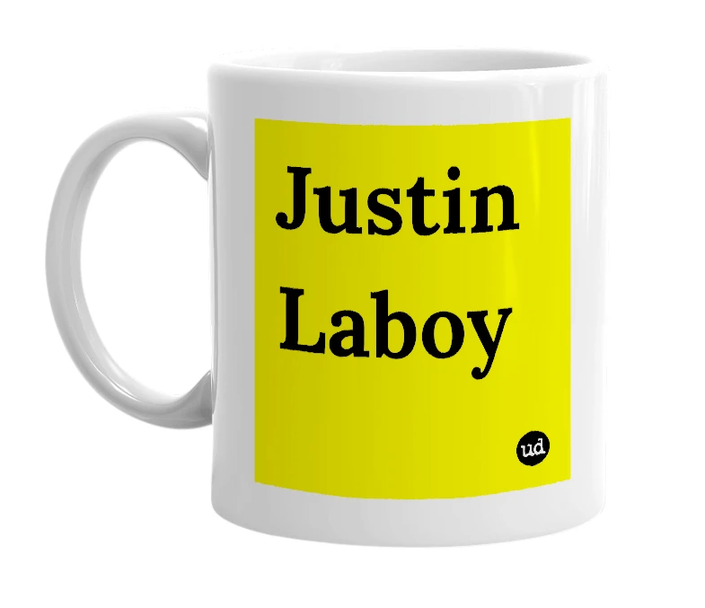 White mug with 'Justin Laboy' in bold black letters