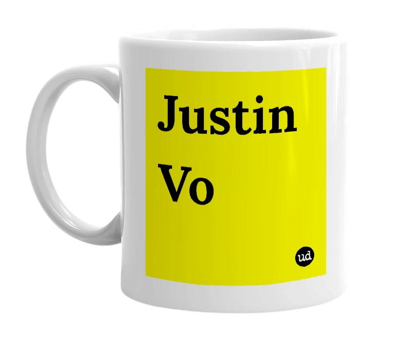 White mug with 'Justin Vo' in bold black letters