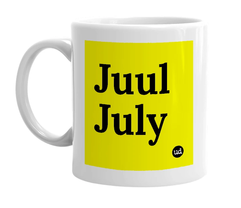 White mug with 'Juul July' in bold black letters