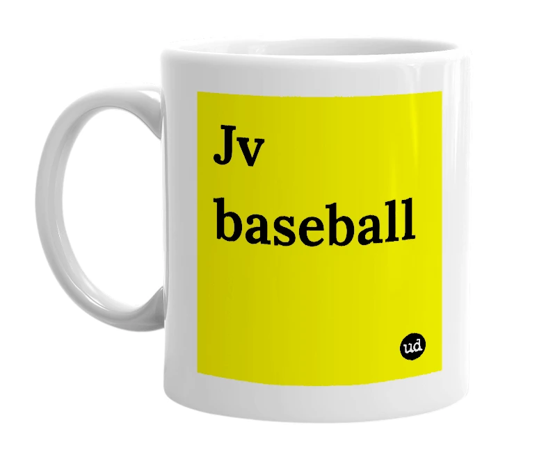 White mug with 'Jv baseball' in bold black letters