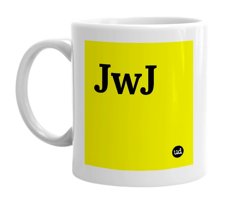 White mug with 'JwJ' in bold black letters