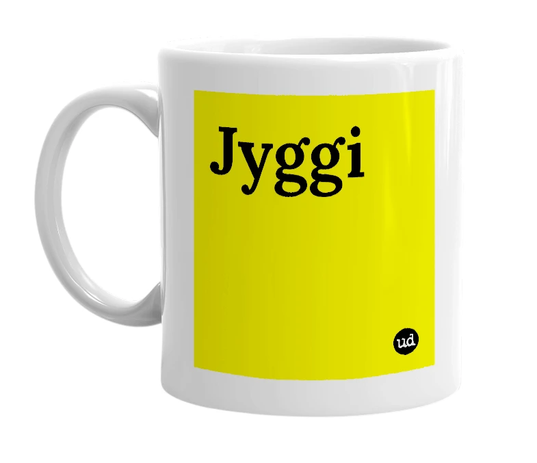 White mug with 'Jyggi' in bold black letters