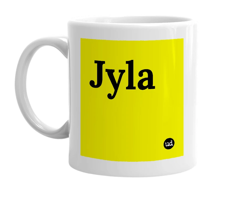 White mug with 'Jyla' in bold black letters