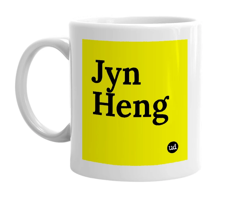 White mug with 'Jyn Heng' in bold black letters