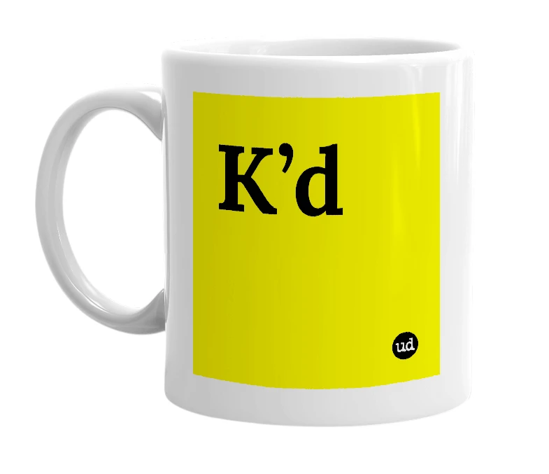 White mug with 'K’d' in bold black letters