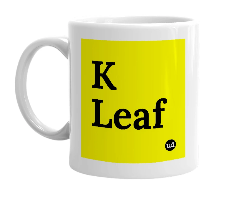 White mug with 'K Leaf' in bold black letters