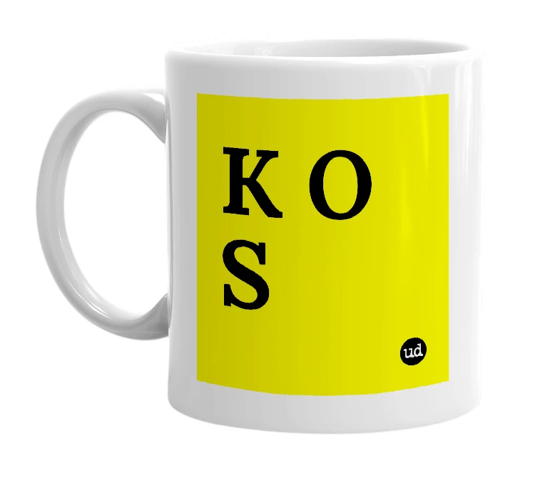 White mug with 'K O S' in bold black letters