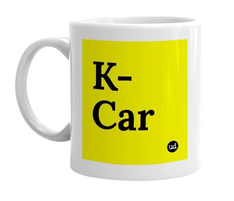 White mug with 'K-Car' in bold black letters