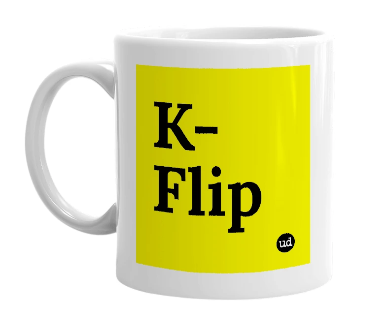 White mug with 'K-Flip' in bold black letters