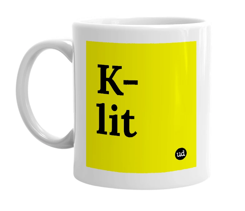 White mug with 'K-lit' in bold black letters