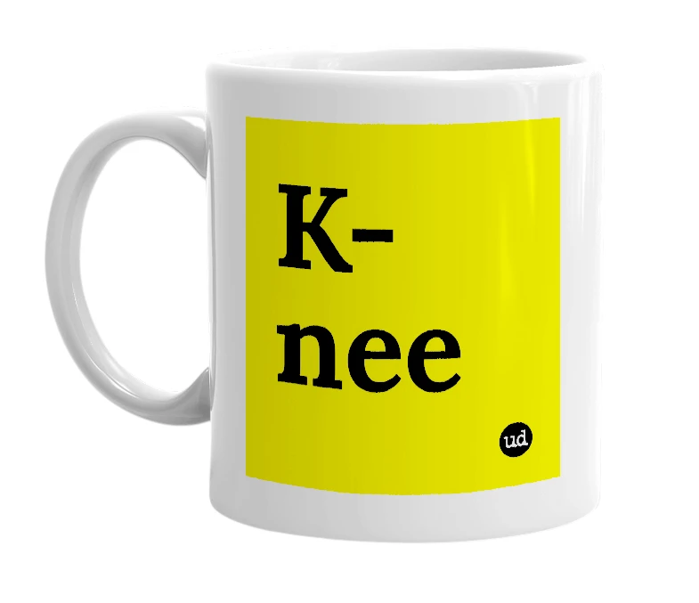White mug with 'K-nee' in bold black letters