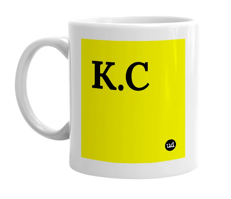 White mug with 'K.C' in bold black letters