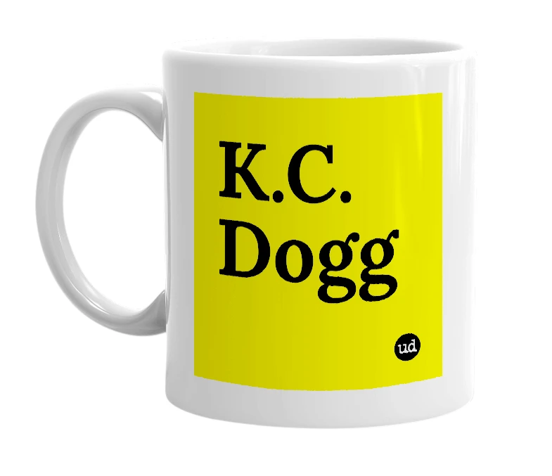 White mug with 'K.C. Dogg' in bold black letters