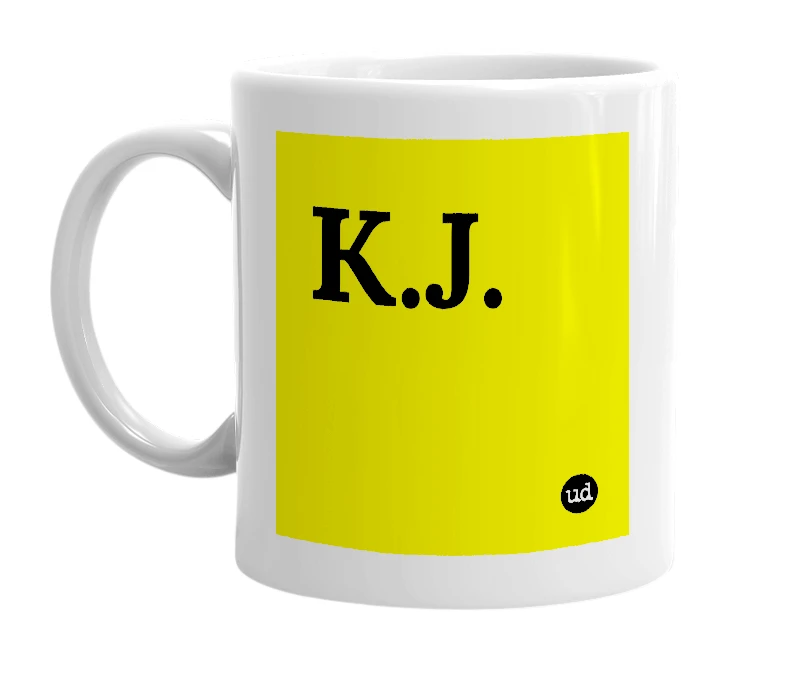 White mug with 'K.J.' in bold black letters