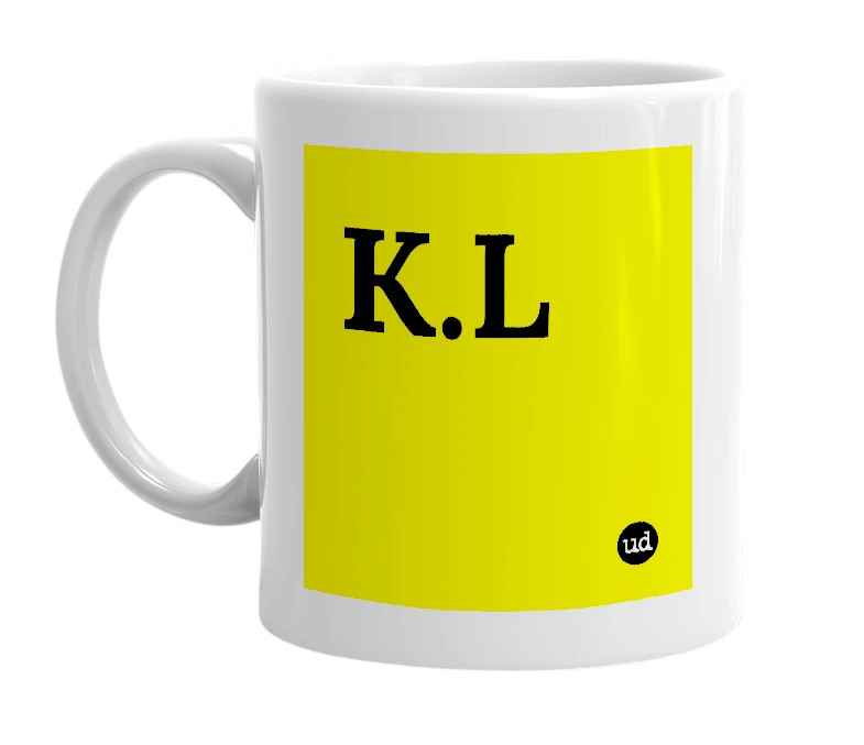 White mug with 'K.L' in bold black letters