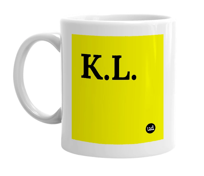 White mug with 'K.L.' in bold black letters