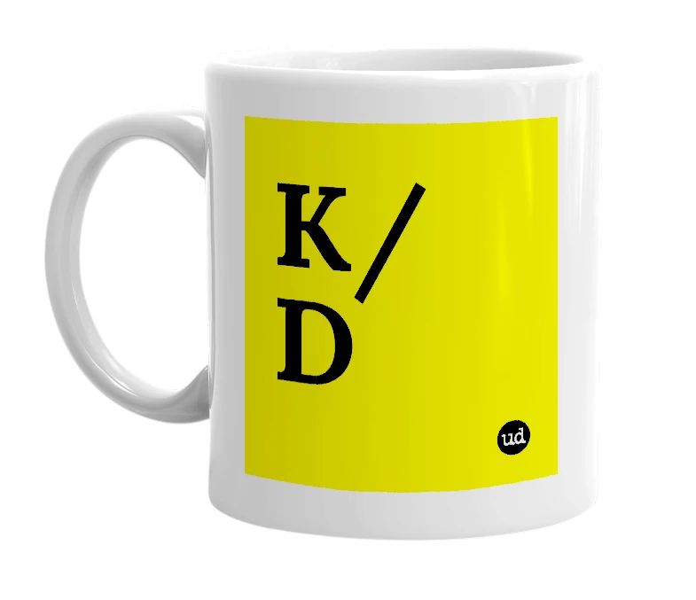 White mug with 'K/D' in bold black letters