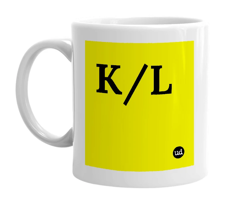 White mug with 'K/L' in bold black letters