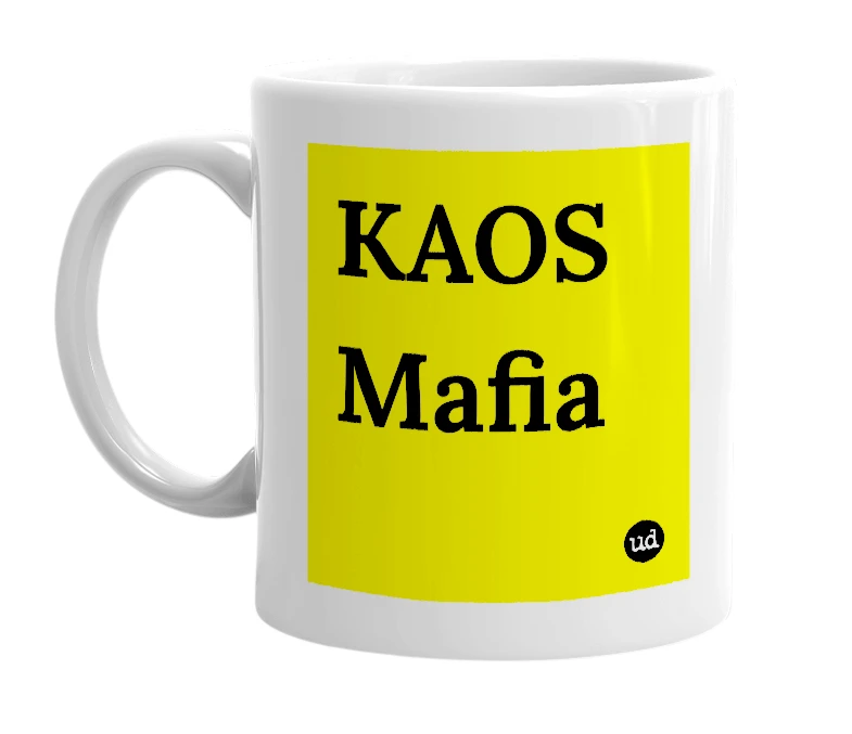 White mug with 'KAOS Mafia' in bold black letters