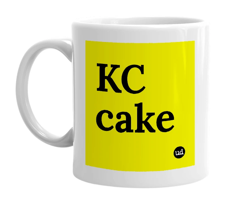 White mug with 'KC cake' in bold black letters