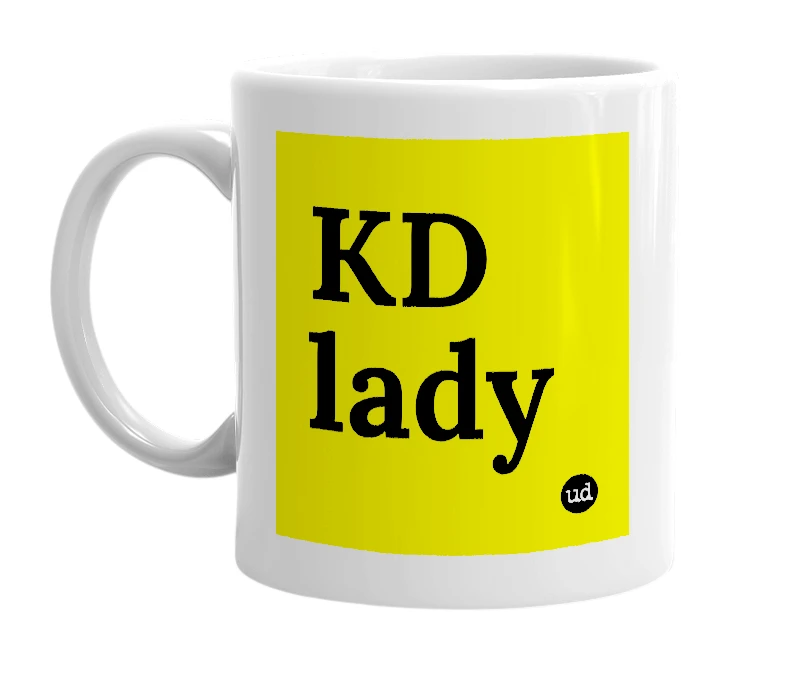 White mug with 'KD lady' in bold black letters
