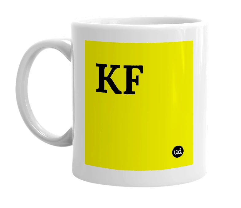 White mug with 'KF' in bold black letters