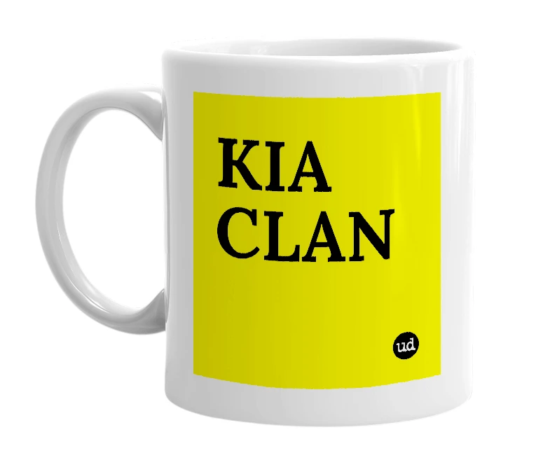White mug with 'KIA CLAN' in bold black letters