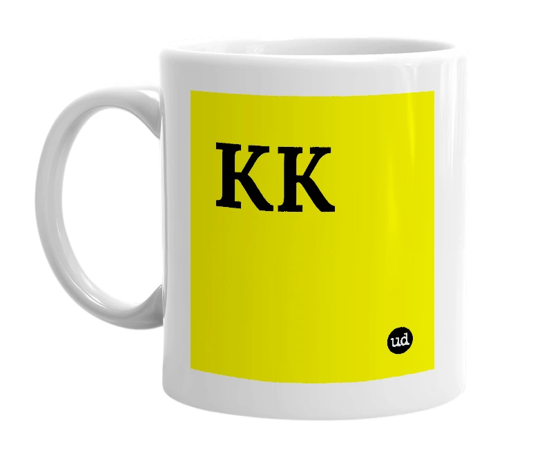 White mug with 'KK' in bold black letters