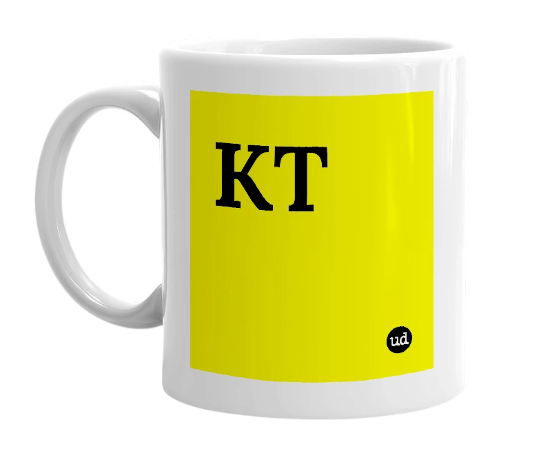 White mug with 'KT' in bold black letters