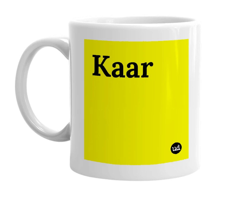 White mug with 'Kaar' in bold black letters