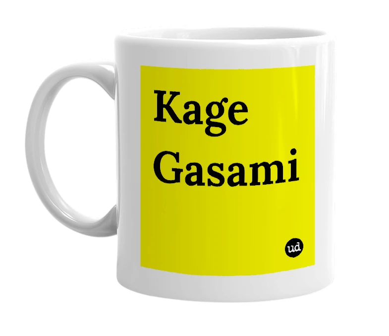 White mug with 'Kage Gasami' in bold black letters