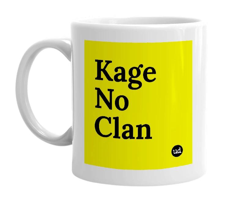 White mug with 'Kage No Clan' in bold black letters