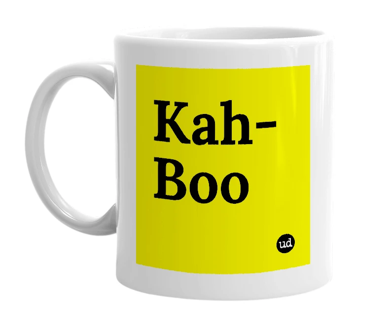 White mug with 'Kah-Boo' in bold black letters