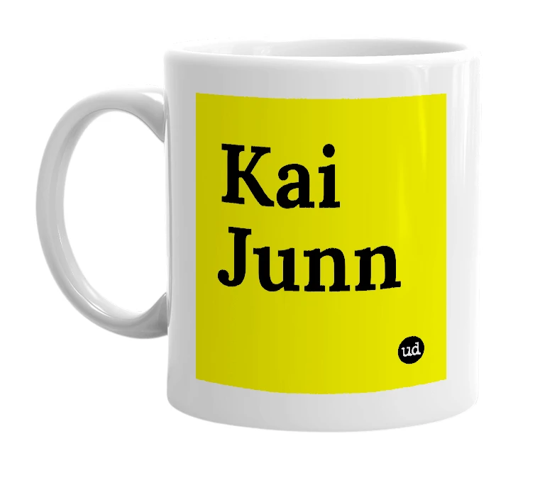 White mug with 'Kai Junn' in bold black letters
