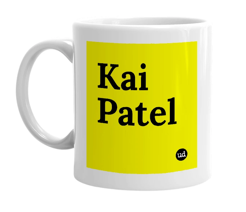 White mug with 'Kai Patel' in bold black letters