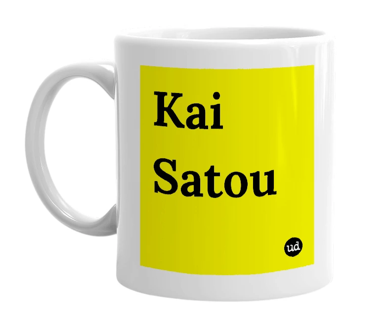 White mug with 'Kai Satou' in bold black letters