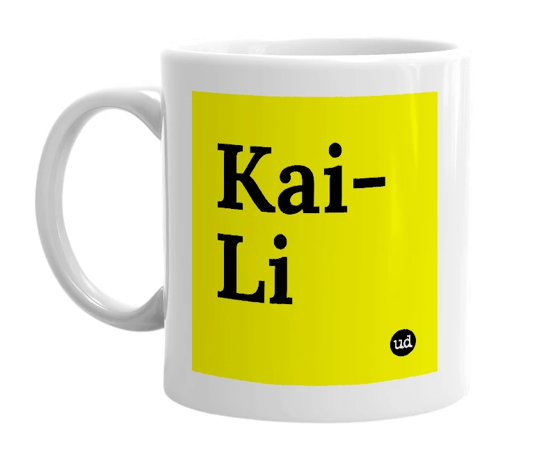 White mug with 'Kai-Li' in bold black letters