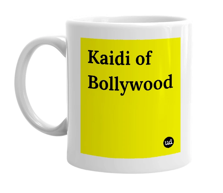 White mug with 'Kaidi of Bollywood' in bold black letters