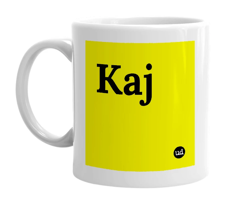 White mug with 'Kaj' in bold black letters