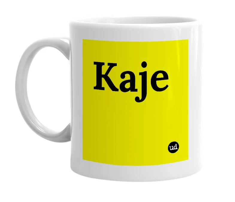 White mug with 'Kaje' in bold black letters