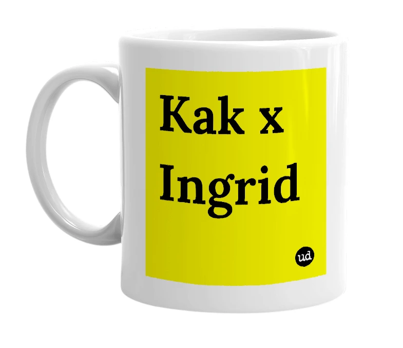 White mug with 'Kak x Ingrid' in bold black letters