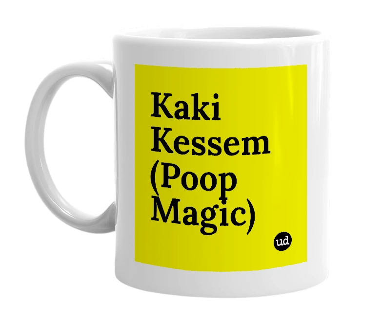 White mug with 'Kaki Kessem (Poop Magic)' in bold black letters