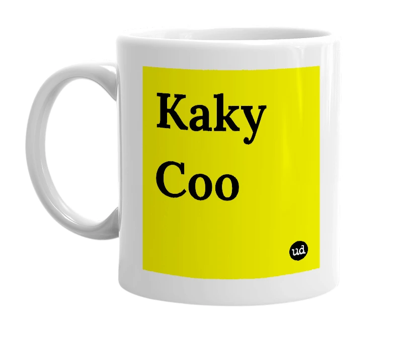 White mug with 'Kaky Coo' in bold black letters