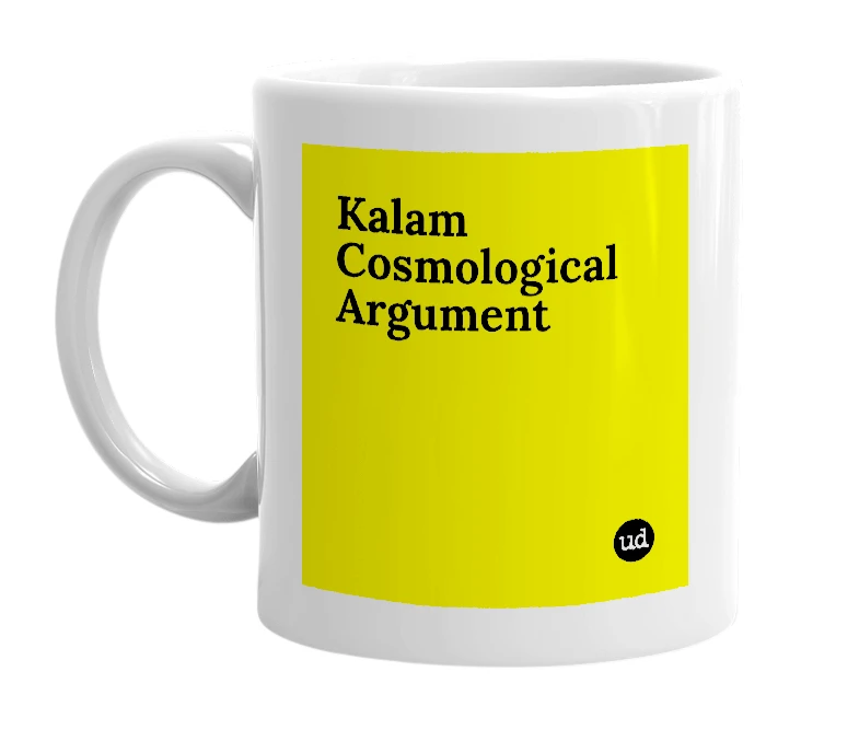 White mug with 'Kalam Cosmological Argument' in bold black letters