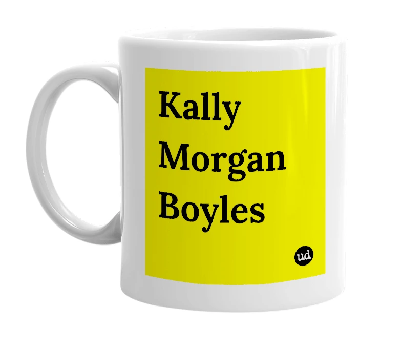 White mug with 'Kally Morgan Boyles' in bold black letters