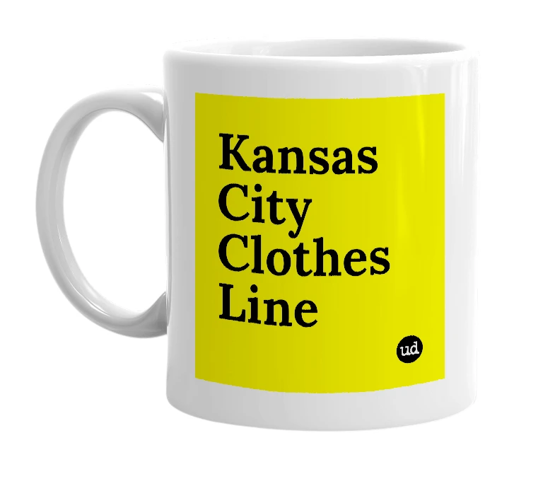 White mug with 'Kansas City Clothes Line' in bold black letters